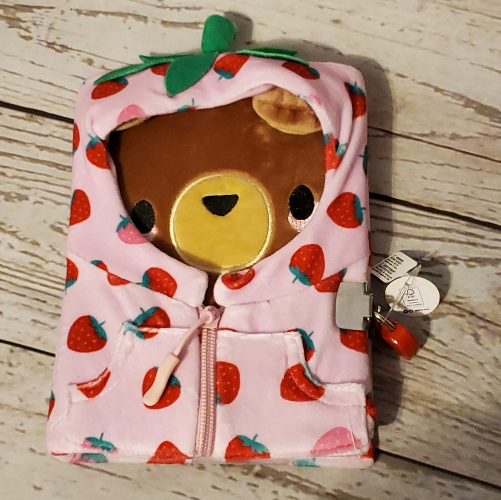 Claire's plush diary strawberry bear 8 X 5 3/4 inches pink, green